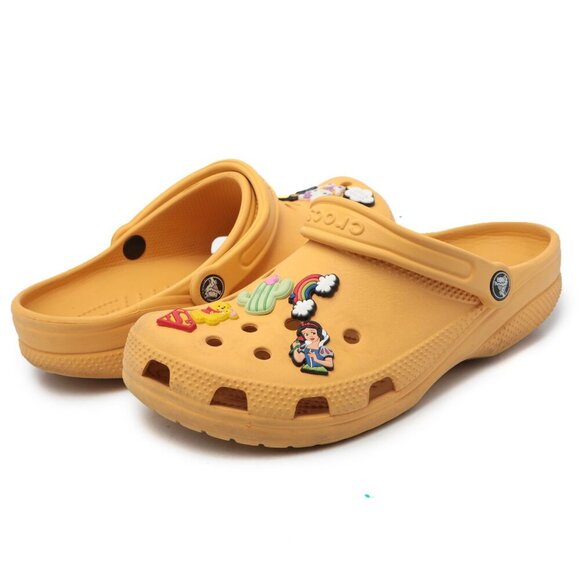 CROCS Clogs & Charms Mustard Yellow Gardening Outdoors Casual Hello Kitty Pooh - Picture 4 of 12